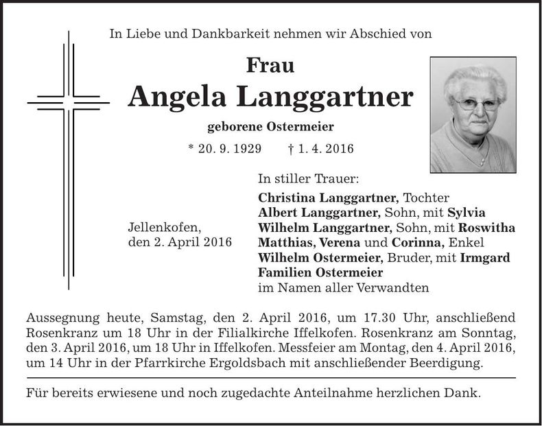 Traueranzeige Angela Langgartner