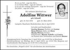 Traueranzeige Adolfine Wittwer