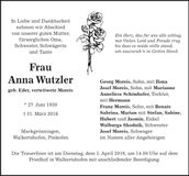 Traueranzeige Anna Wutzler