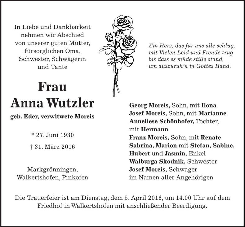 Traueranzeige Anna Wutzler