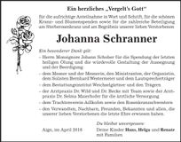 Traueranzeige Johanna Schranner