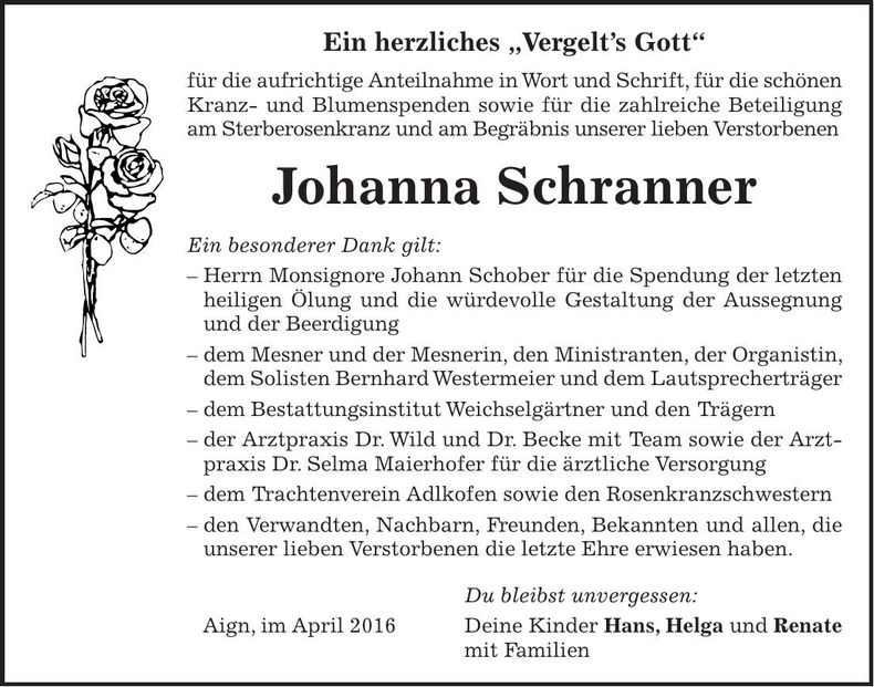 Traueranzeige Johanna Schranner