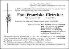 Traueranzeige Franziska Hirtreiter