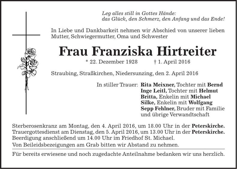 Traueranzeige Franziska Hirtreiter