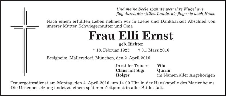 Traueranzeige Elli Ernst