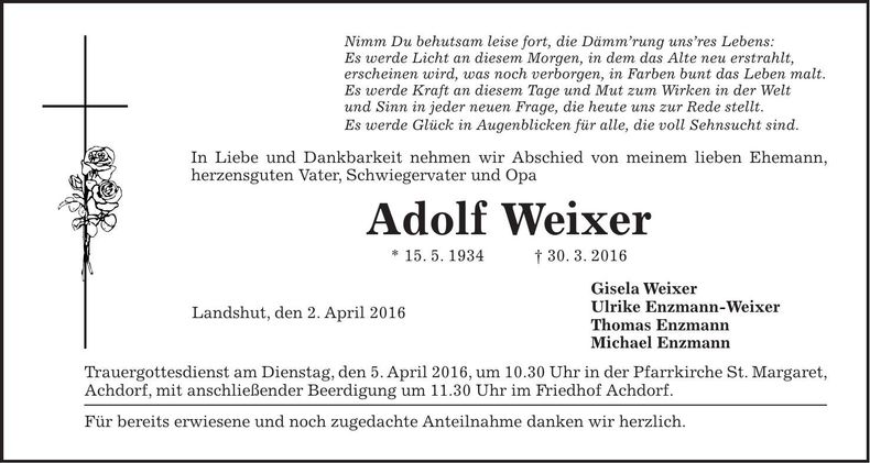 Traueranzeige Adolf Weixer