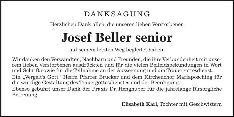 Traueranzeige Josef Beller sen.