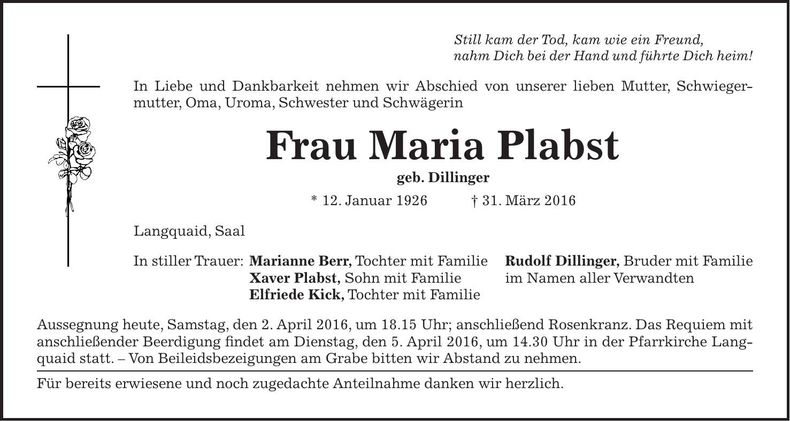 Traueranzeige Xaver Plabst