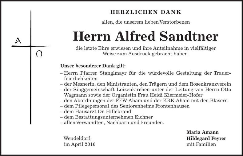 Traueranzeige Alfred Sandtner