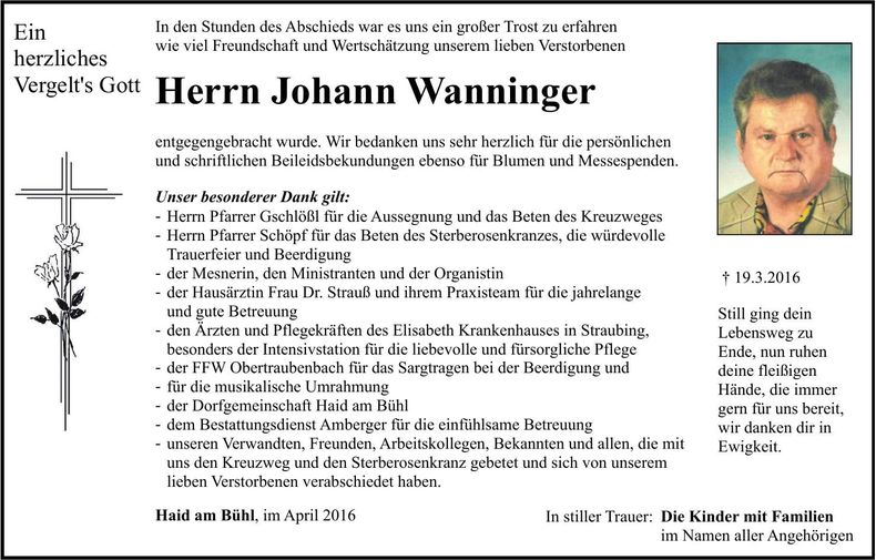 Traueranzeige Johann Wanninger