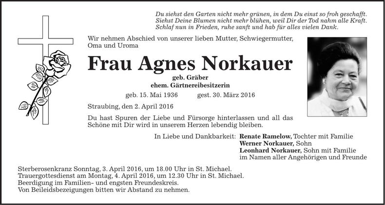 Traueranzeige Agnes Norkauer