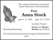 Traueranzeige Anna Stock