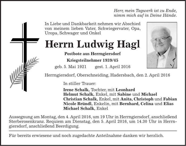 Traueranzeige Ludwig Hagl