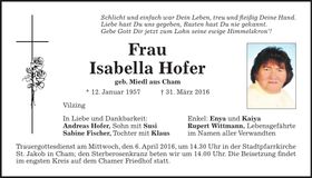 Traueranzeige Isabella Hofer