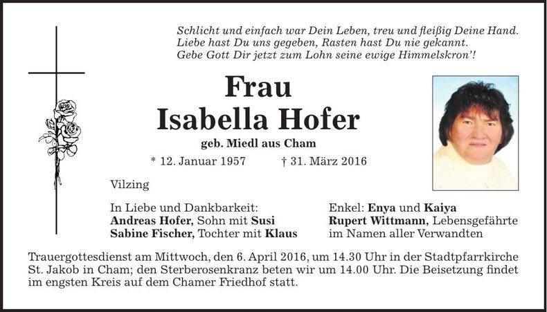 Traueranzeige Isabella Hofer