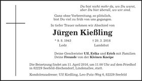 Traueranzeige Jürgen Kießling