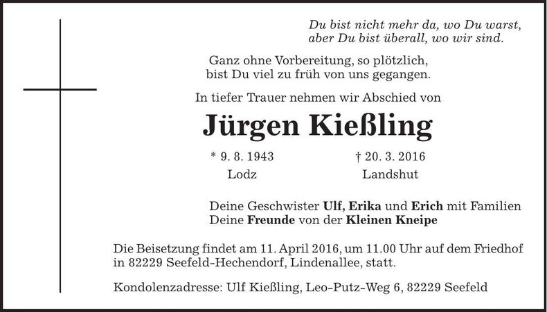 Traueranzeige Jürgen Kießling