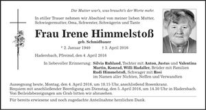 Traueranzeige Irene Himmelstoß