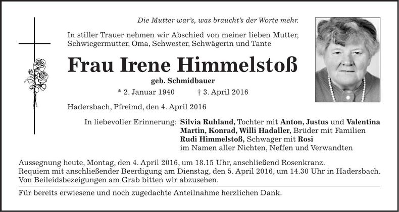 Traueranzeige Irene Himmelstoß