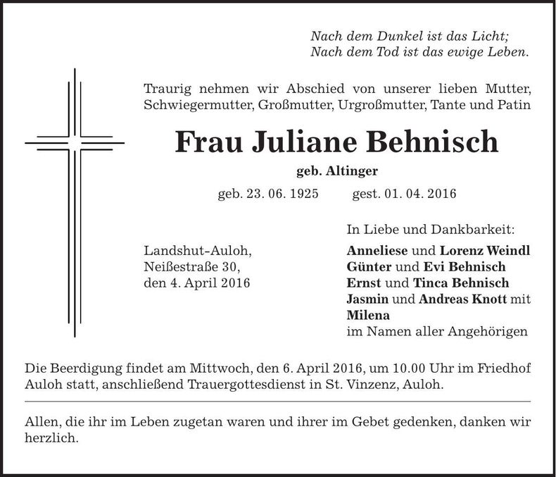 Traueranzeige Juliane Behnisch
