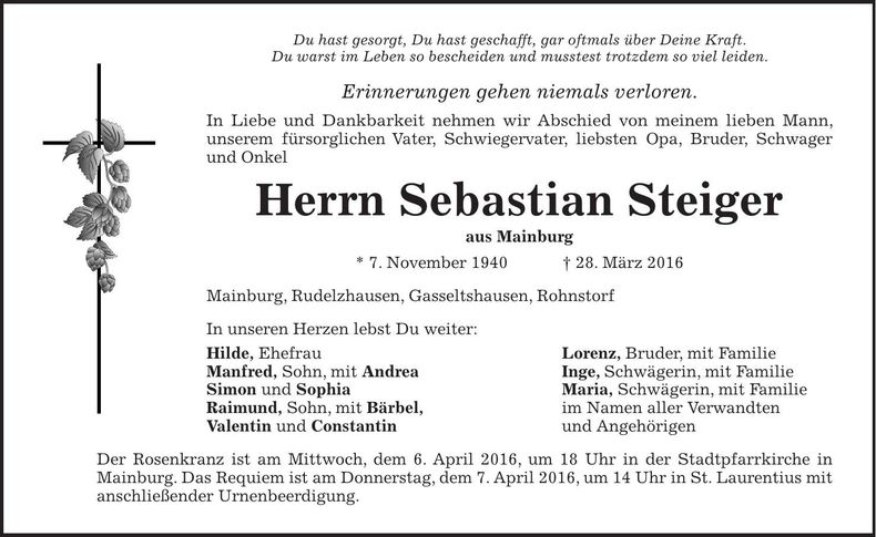 Traueranzeige Sebastian Steiger