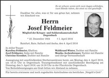Traueranzeige Josef Feldmeier