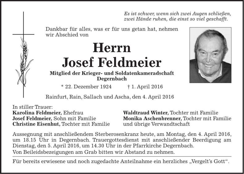 Traueranzeige Josef Feldmeier