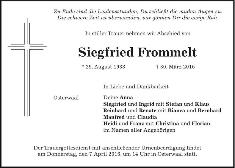 Traueranzeige Siegfried Frommelt