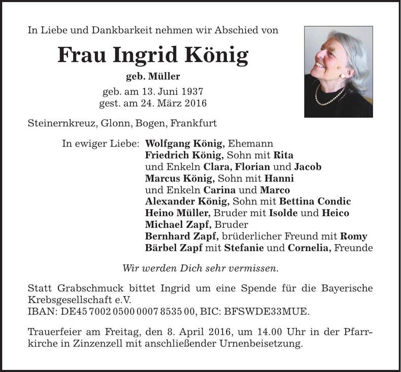 Traueranzeige Ingrid König