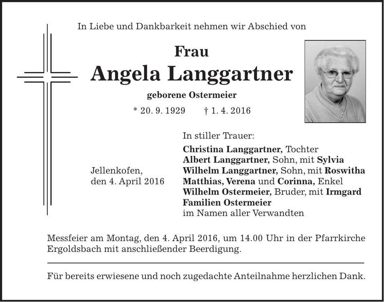 Traueranzeige Angela Langgartner