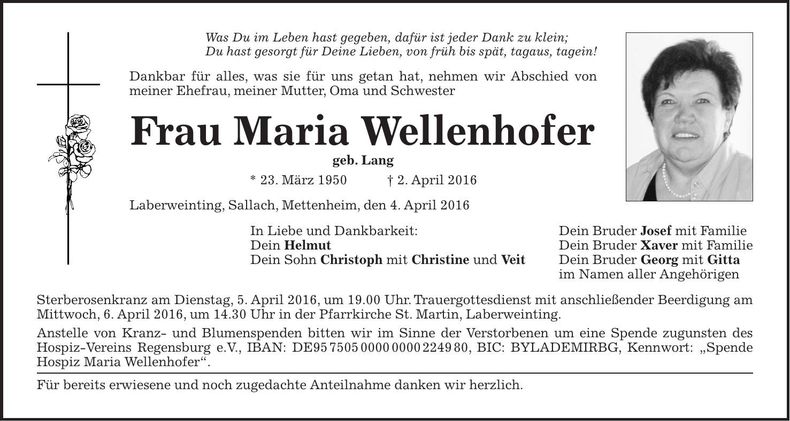 Traueranzeige Maria Wellenhofer
