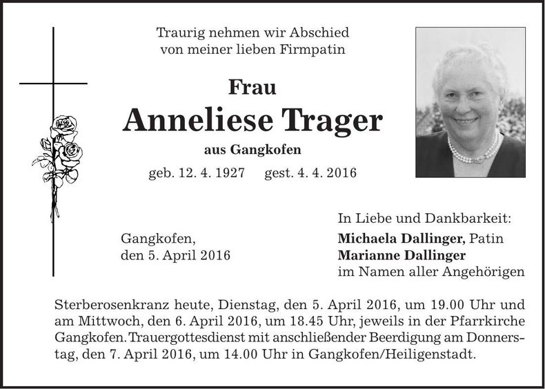 Traueranzeige Anneliese Trager