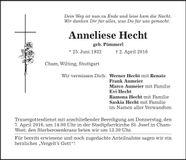 Traueranzeige Anneliese Hecht