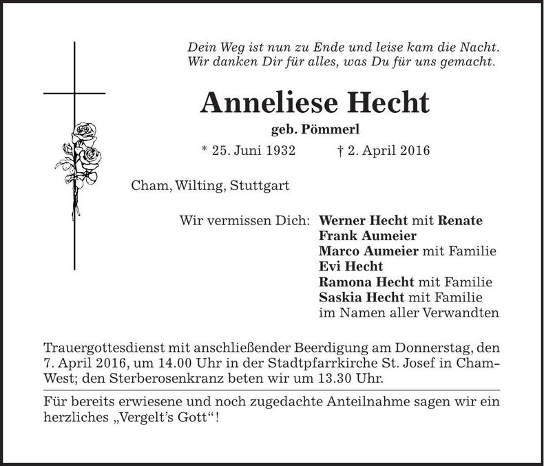 Traueranzeige Anneliese Hecht