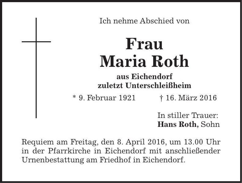 Traueranzeige Maria Roth