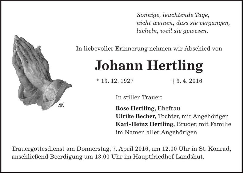 Traueranzeige Johann Hertling