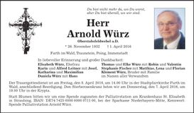 Traueranzeige Arnold Würz