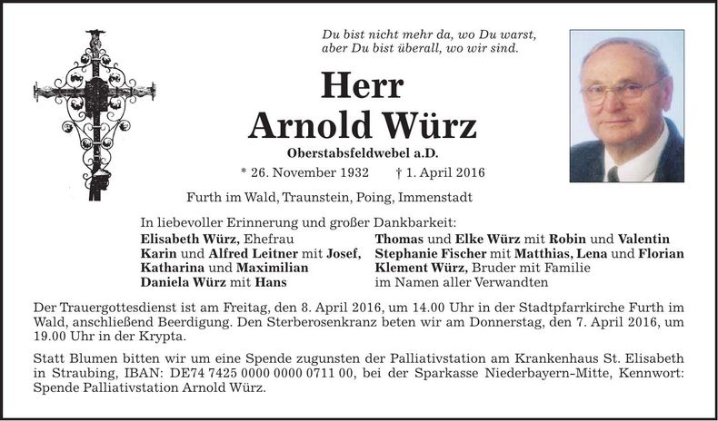 Traueranzeige Arnold Würz