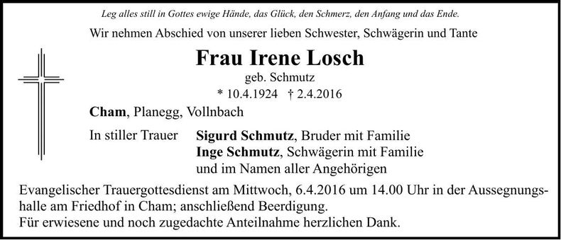 Traueranzeige Irene Losch