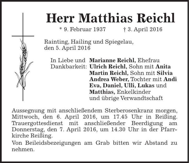 Traueranzeige Matthias Reichl