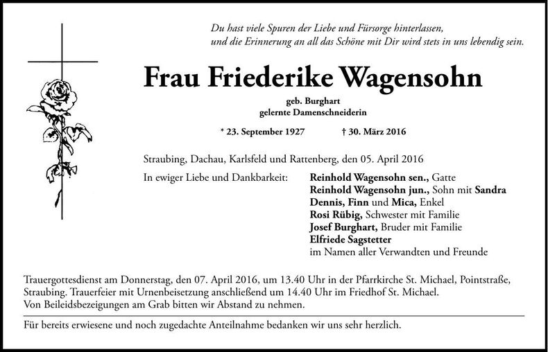 Traueranzeige Friederike Wagensohn