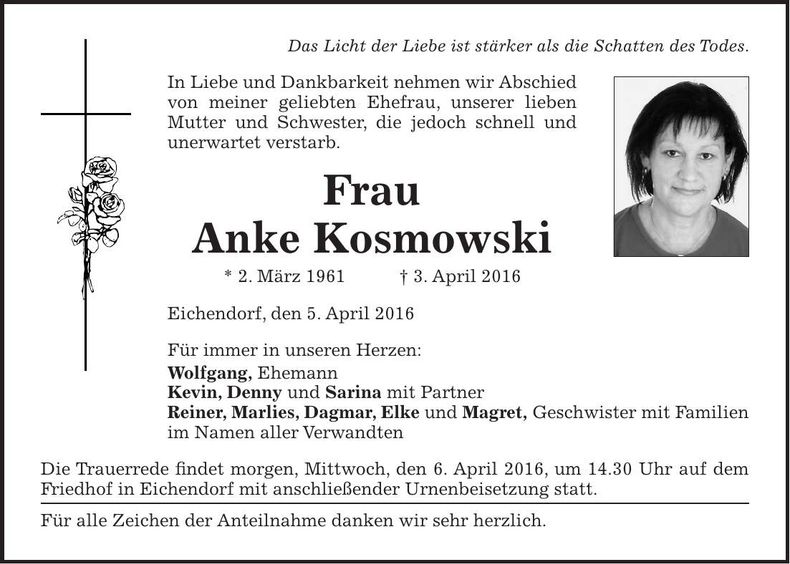 Traueranzeige Anke Kosmowski
