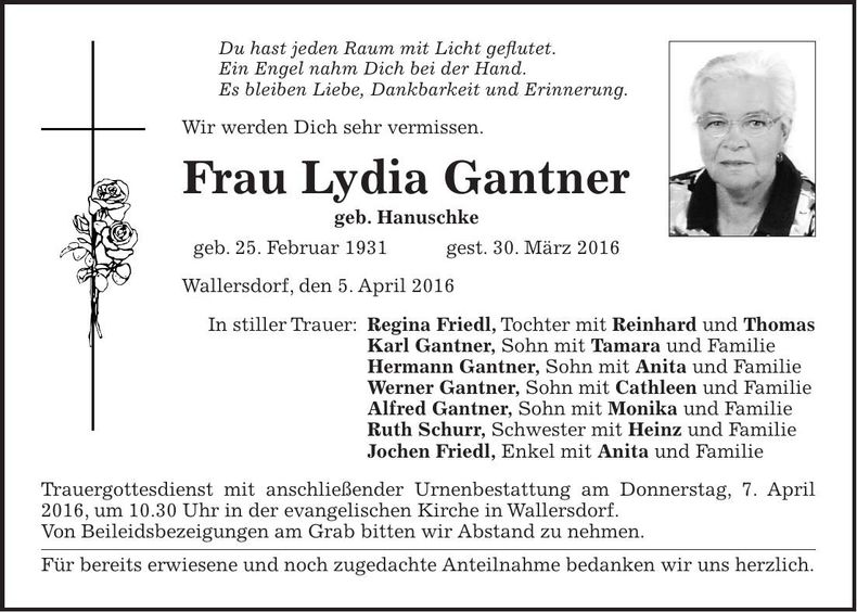 Traueranzeige Lydia Gantner