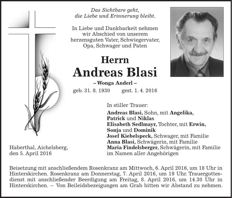 Traueranzeige Andreas Blasi