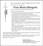 Traueranzeige Maria Hiergeist