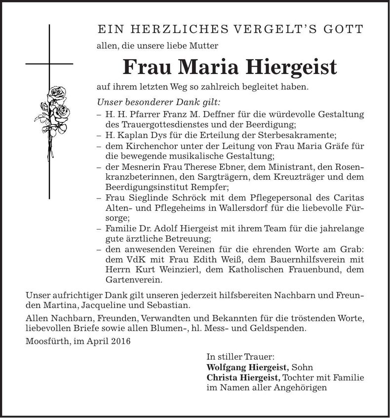 Traueranzeige Maria Hiergeist