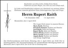 Traueranzeige Rupert Raith