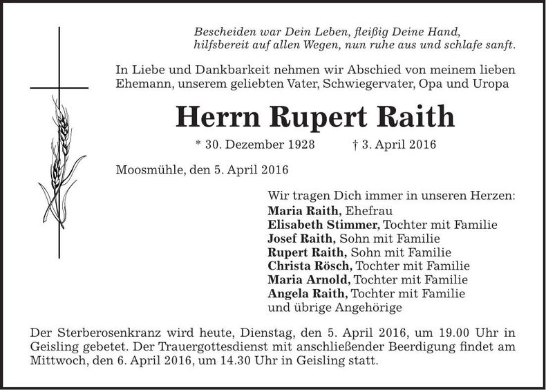 Traueranzeige Rupert Raith