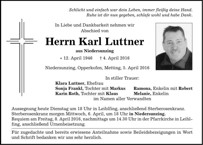 Traueranzeige Karl Luttner