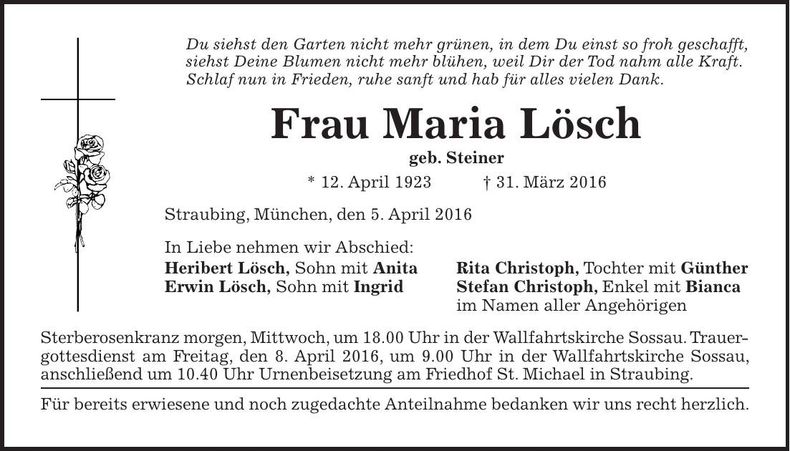 Traueranzeige Maria Lösch